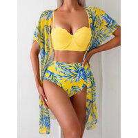 Áo tắm tôn dáng gầy lá phong cạp cao mẫu mới Áo khoác tam giác Áo Khoác Lưới Bikini nữ in hoa
