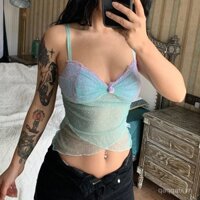 Áo tank top lưới chấm bi sexy, viền chéo, dây đeo không đều, khoét rỗng, trong suốt, áo lót cắt thấp