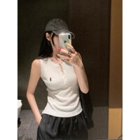 Áo tank top nữ sát nách len gân thêu ngựa dáng ôm thời trang basic
