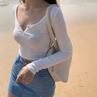 ÁO TAY DÀI CROPTOP NỮ CỔ V Thun Gân Áo Kiểu Nữ Cổ V Tay Dài A3-VTD