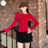 Áo tay dài ôm body thiết kế áo noel màu đỏ có nơ đi chơi giáng sinh