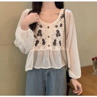 Áo Tay Dài Phối Ren Lưới Màu Beige Voan Mềm AK38