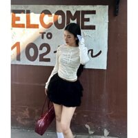 Áo Tay Dài Phối Voan, Áo Kiểu Đính Nơ Thun Gân Layer Top Morphine.club