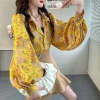 Áo tay đèn lồng hơi mập Áo sơ mi màu vàng Thích hợp thiết kế áo sơ mi hoa cổ bẻ cao cấp cho nữ áo sơ mi voan khí chất