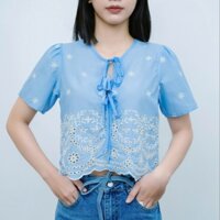 Áo thắt dây xanh dương phối ren đục lỗ