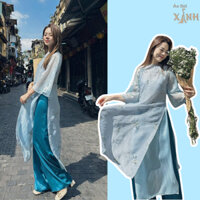 Áo Thiết kế Linn màu xanh vải voan cao cấp, áo dài dáng xuông