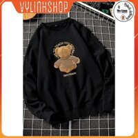 Áo thu đông VYLINHSHOP sweater áo thun nam nữ dài tay form rộng in hình gấu 5D nét nỉ cotton ấm 2 màu đen trắng