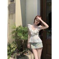 Áo Thu Eo Bèo Nhún Khí Chất Thêu Hoa Lãng Mạn Kiểu Pháp Cổ Chữ V Mẫu Mới Mùa Hè Áo Nữ
