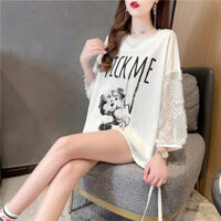 Áo thun 100% cotton 100% Nữ Mẫu Mới Mùa Hè in hoa rộng rãi tay áo Ba phần tư màu trắng