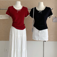 Áo Thun  babytee Conquete Mongtogi Phối Ren Đính Nơ 3 Màu Phong Cách Hàn Quốc