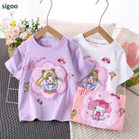 [Áo thun bé gái] Áo thun Cotton nguyên chất có sẵn cho bé gái Hạt lật đính cườm hoạt hình họa tiết cô gái xinh đẹp Trung lớn trẻ em