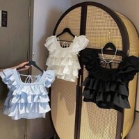 Áo thun bé gái Hàn Quốc Áo voan không tay phồng Áo sơ mi cổ vuông