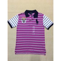 Áo thun bé trai 7-9&10-12 tuổi tay ngắn cổ bẻ cotton sọc ngang trắng đen màu hồng hiệu Polo Ralph Lauren size S-M