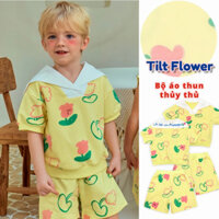Áo thun bé trai mùa hè mới, cotton, màu vàng chanh, họa tiết hoa, cổ áo navy, thân thiện với da và thoải mái