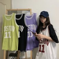 Áo thun bóng rổ nữ dáng dài rộng cổ tròn in chữ thể thao cá tính