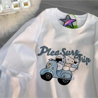 Áo thun cá mập xanh 100% cotton phong cách Hàn Quốc nữ thời trang cổ tròn dễ thương tay ngắn oversize hoạt hình hàng đầu