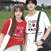 Áo thun cặp đôi dễ thương in hình trái tim và gấu cho mùa hè