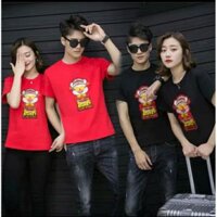 Áo thun cặp nam nữ màu đỏ đen trắng in hình heo thần tài dễ thương