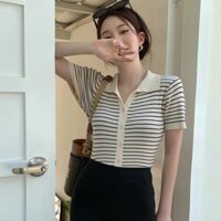 Áo thun cardigan ngắn tay cổ bẻ kẻ sọc nữ