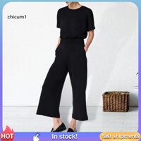 Áo thun CC Jumpsuit Áo liền quần thông thường Bộ áo liền quần nữ mùa hè sành điệu có túi dáng rộng vừa vặn cho trang phục hàng ngày Bộ áo liền quần ống rộng dài đến mắt cá chân cho Đông Nam Á