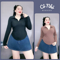 Áo thun cổ bẻ bigsize nữ tay dài vạt bầu che bụng chất gân tăm co giãn nữ tính G123