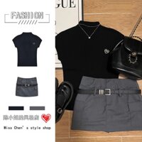 Áo Thun Cổ Cao Hở Vai + Chân Váy Lưng Cao Màu Trơn Phong Cách Hàn Quốc Thời Trang Mùa Hè Xinh Xắn Cho Nữ