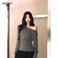 Áo Thun Cổ Chéo Mùa Thu Dài Tay Màu Xám Thiết Kế Áo Mẫu Mới Áo Ngắn Ôm Dáng Tôn Dáng Vai Xéo