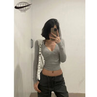 Áo thun cổ chữ V Hàn Quốc Áo sơ mi đế màu xám Áo dài tay Hot girl Slim fit Gợi cảm