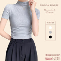Áo thun cổ lọ croptop tay ngắn bo chun THOCA HOUSE gân tăm trơn, phối đồ thu đông