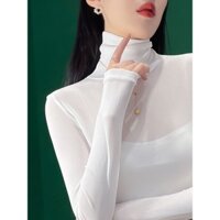 Áo thun cổ lọ nữ, áo lưới ren, màu sắc đồng nhất