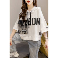 Áo thun có mũ in cho phụ nữ, phong cách Hàn Quốc, tay ngắn, dáng rộng, giảm cân, tươi mới, trẻ trung, áo thun đa năng