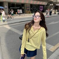 Áo thun có mũ trùm đầu dài tay mỏng chống nắng Áo thun nữ mùa hè mới dáng rộng Áo xu hướng