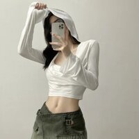 Áo thun có mũ trùm đầu mùa hè Phong cách mới Slim-fit Áo thun gợi cảm crop mặt trời ngắn