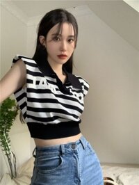 Áo thun cổ polo chữ dệt kim không tay áo thun nữ vai phải áo ngắn mỏng