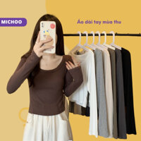 Áo thun cổ rộng dài tay MICHOO mùa thu đông, chất liệu mỏng nhẹ ấm áp 4 màu