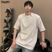 Áo Thun Cổ Tròn Dáng Rộng Phối Khóa Kéo Kim Loại Phong Cách Hàn Quốc Chất Lượng Cao Cho Nam