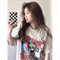 Áo thun cổ tròn thiết kế phim hoạt hình Tom và Jerry, tay ngắn, rộng rãi cho phụ nữ