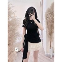 Áo Thun Cổ Tròn Vạt Chéo Bigsize Phối Hoa Nhún Eo Chất Nhũ Mềm