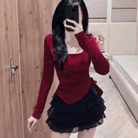 Áo thun cổ vuông rút hông,Áo nữ kiểu rút sườn, Áo trễ vai nhún thân tay dài thu đông