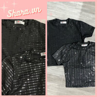 Áo thun cộc tay cổ tròn họa tiết bling bling, áo thun croptop nữ lấp lánh hai màu sang chảnh Shara SR797 KT