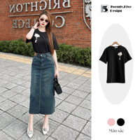 Áo thun cotton cho nữ dáng xuông basic đính hoa nổi trước ngực Twenty.Five AH47