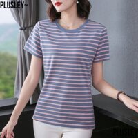 Áo Thun Cotton Cổ Tròn Tay Ngắn Dáng Rộng Họa Tiết Kẻ Sọc Ngang Thời Trang Mùa Hè Hàng Mới Dành Cho Mẹ Bỉm Sữa 100kg Plus