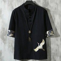 Áo Thun Cotton Lanh Mỏng Tay Ngắn Dáng Rộng Thêu Hình Chim Hạc Phong Cách Trung Hoa Cho Nam