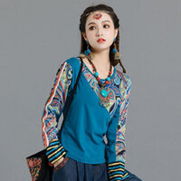 [Áo thun cotton mùa hè nữ phong cách dân tộc màu xanh da trời, tay dài, cổ tròn, retro, ôm sát, in họa tiết chắp vá phong cách Trung Quốc