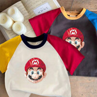 Áo thun Cotton ngắn tay màu tương phản mùa hè Mario Phim hoạt hình Nhật Bản Bé trai Bé gái Phong cách mới Áo khóa màu