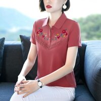 Áo thun cotton ngắn tay thêu họa tiết thời trang dành cho phụ nữ trung niên