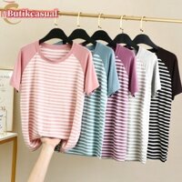 Áo Thun cotton Tay Ngắn Cổ Tròn Họa Tiết Kẻ Sọc Ngang Thời Trang Dành Cho Nữ 2022