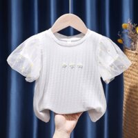 Áo Thun Cotton Tay Phồng Màu Trơn Phối Lưới Thời Trang Mùa Hè Hàn Quốc Cho Bé Gái