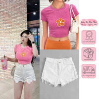 Áo thun croptop cộc tay đính hoa cam - Quần short jean trắng gấu tua rua (Hàng auth)