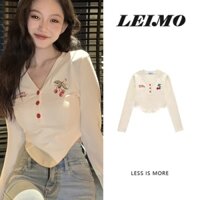Áo thun croptop dài tay thêu họa tiết quả anh đào xinh xắn thời trang dành cho nữ